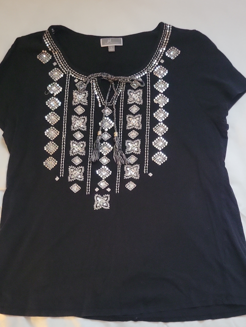 J&M Short-Sleeve Scoop Top with Silver Embellishments